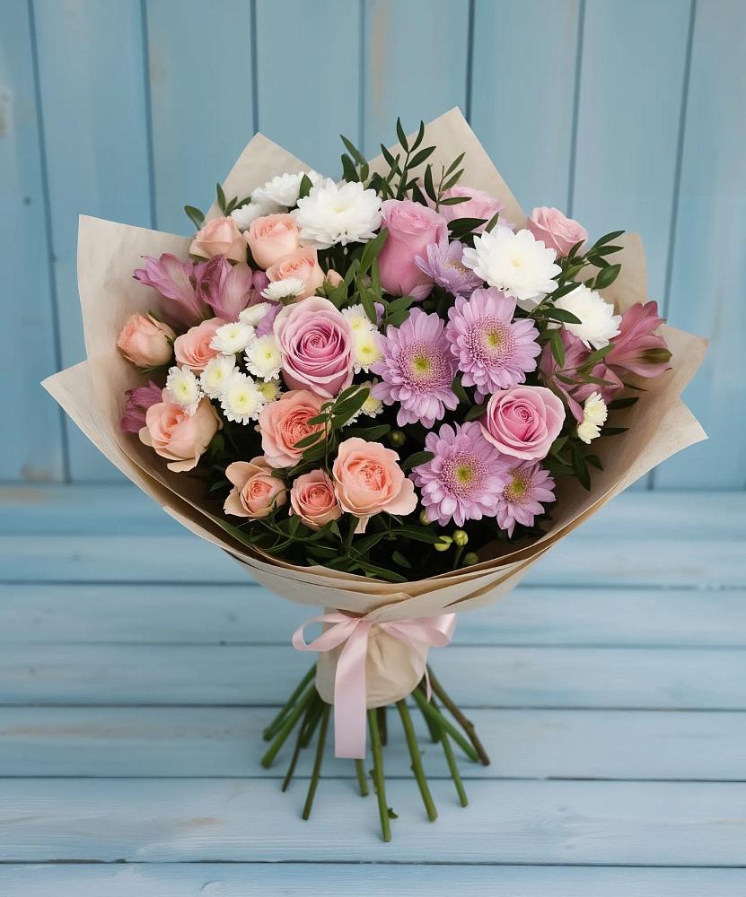 Букет цветов из: Хризантемы, Розы и Альстромерии в Верхнее Синячихе