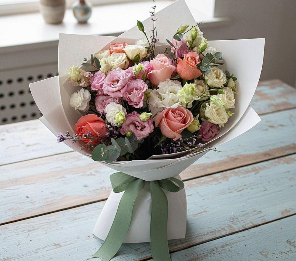 Букет цветов из: Розы, Лизиантусы и Гвоздики в Верхнее Синячихе