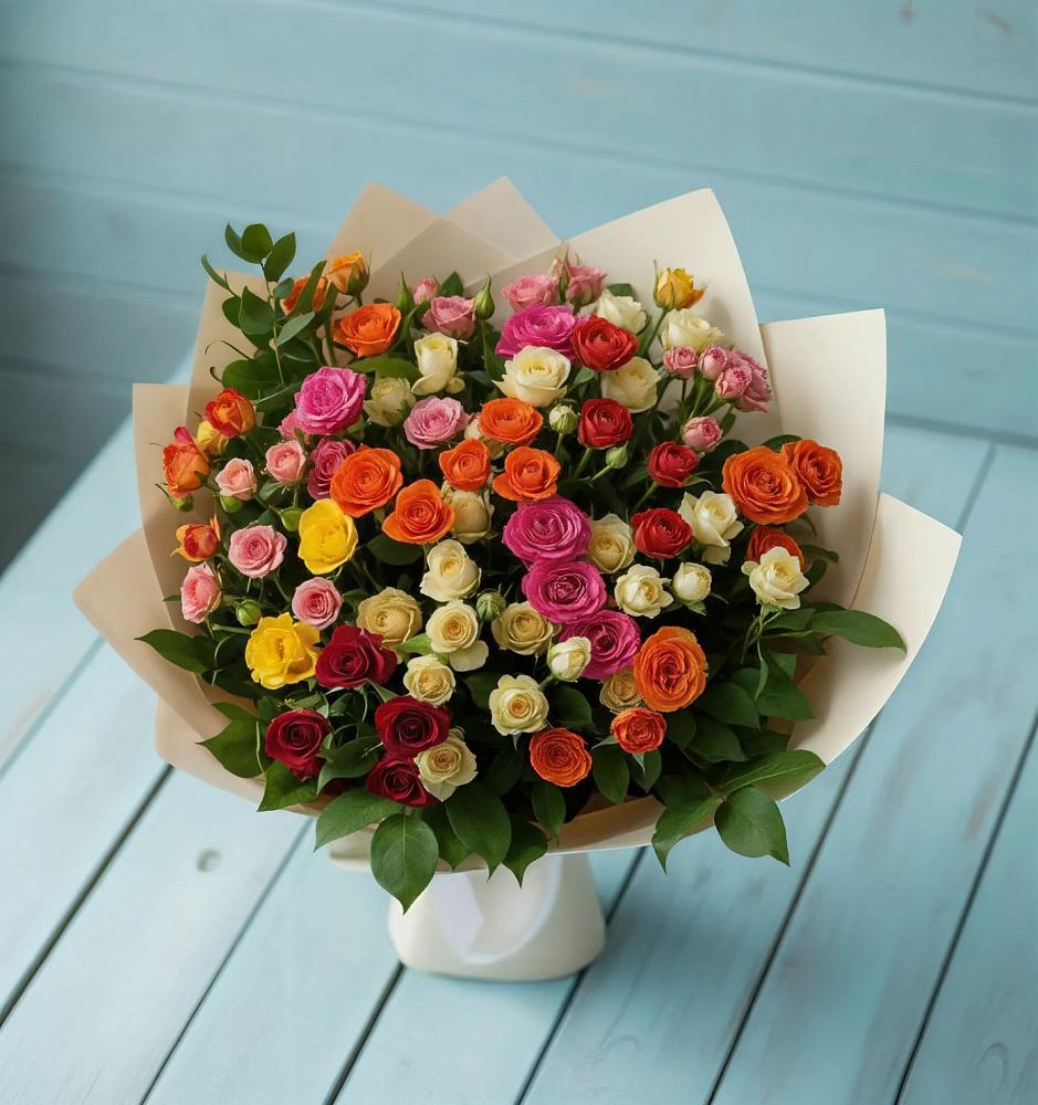 Букет Микс из разноцветных кустовых роз в Верхнее Синячихе
