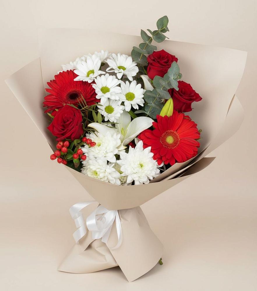 Букет цветов из: Розы, Хризантемы, Герберы и Лилии в Верхнее Синячихе