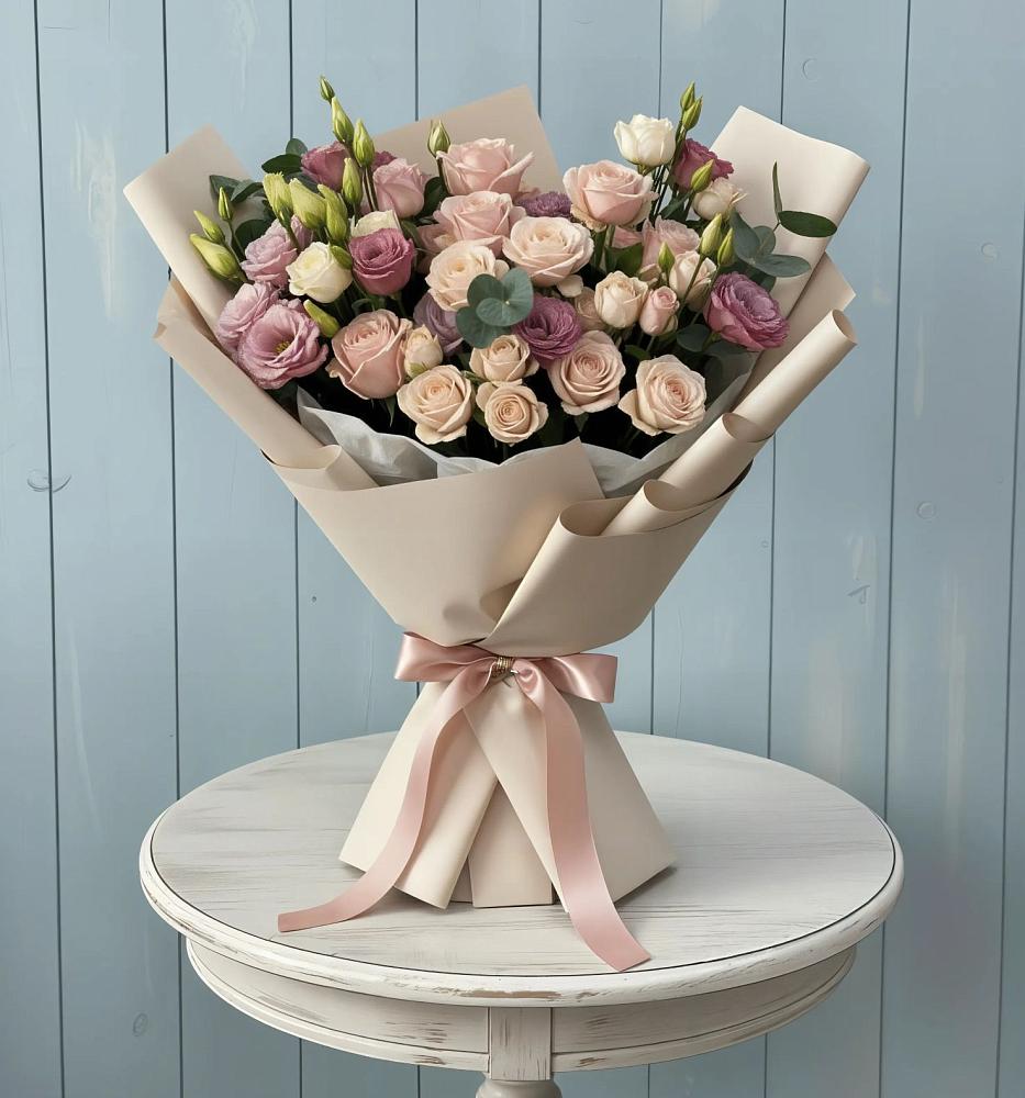 Букет цветов из: Розы и Лизиантусы в Верхнее Синячихе