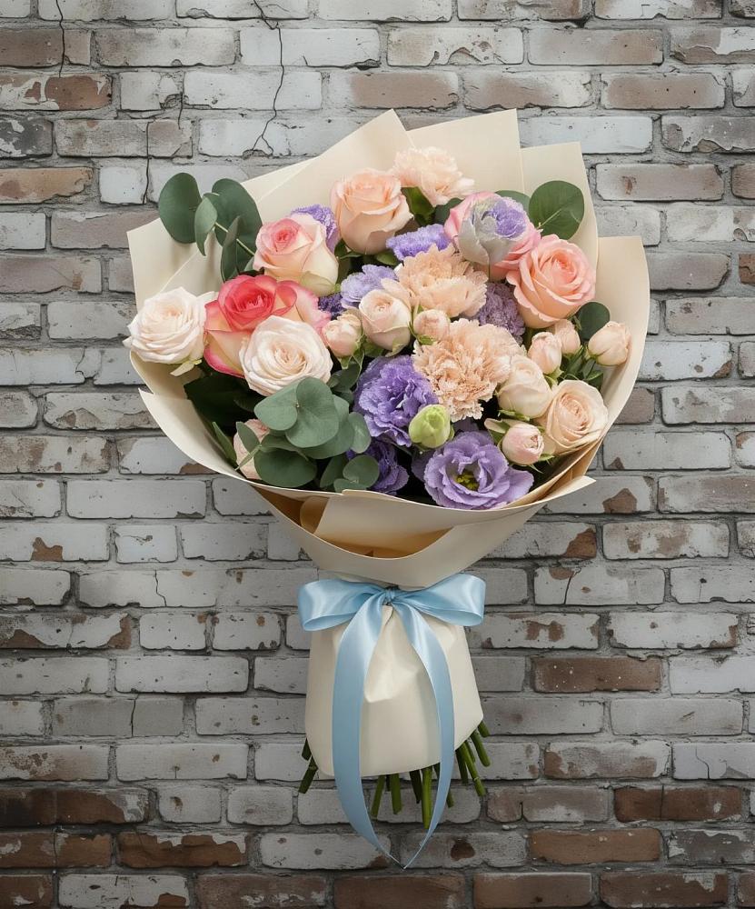 Букет цветов из: Розы, Лизиантусы и Гвоздики в Верхнее Синячихе