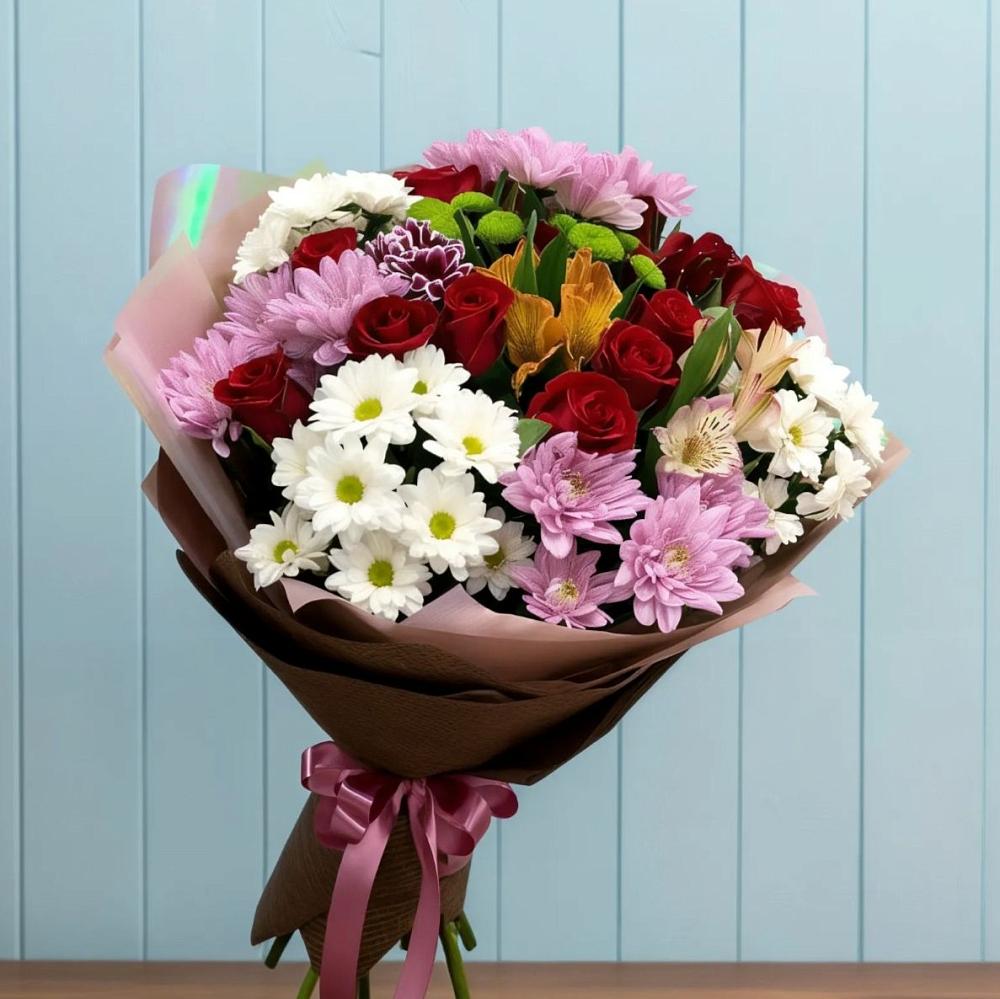 Букет цветов из: Розы, Хризантемы и Альстромерии в Верхнее Синячихе