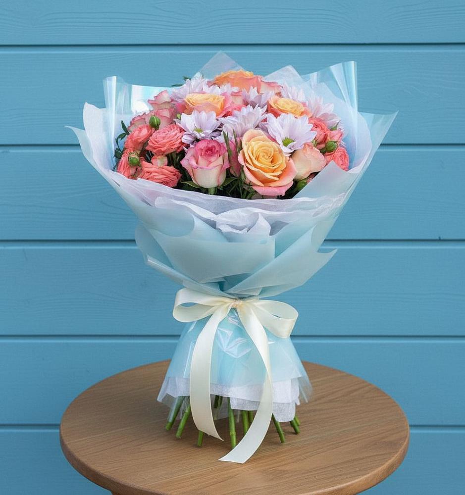 Букет цветов из: Хризантемы и Розы в Верхнее Синячихе