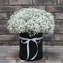 Цветочная композиция из Гипсофила в шляпной коробке в Верхнее Синячихе