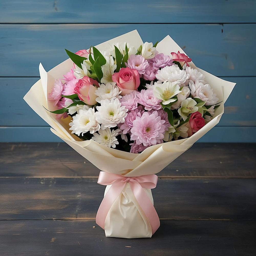 Букет цветов из: Хризантемы, Альстромерии и Розы в Верхнее Синячихе